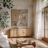 Brushed Petals III Gold by Pela. Shown in a natural wood frame in a cozy modern living room. Available as an archival giclee rolled canvas, fine art paper, or poster print. SKU 17326a.