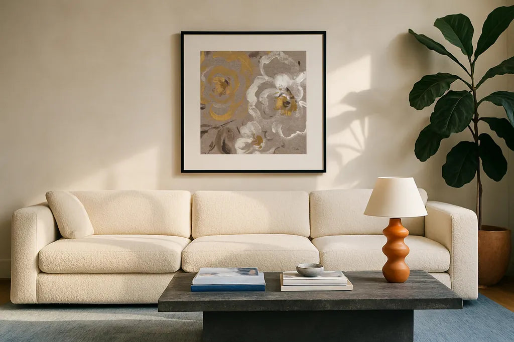 Brushed Petals III Gold by Pela. Displayed in a glass frame with matte in a clean modern living room. Available as an archival giclee rolled canvas, fine art paper, or poster print. SKU 17326a.