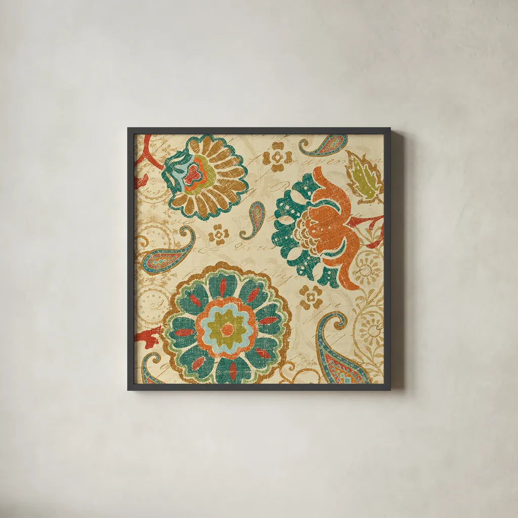 Fall Paisley II by Pela. Shown in a sleek black glass frame for a contemporary gallery look. Available as an archival giclee rolled canvas, fine art paper, or poster print. SKU 11249a.