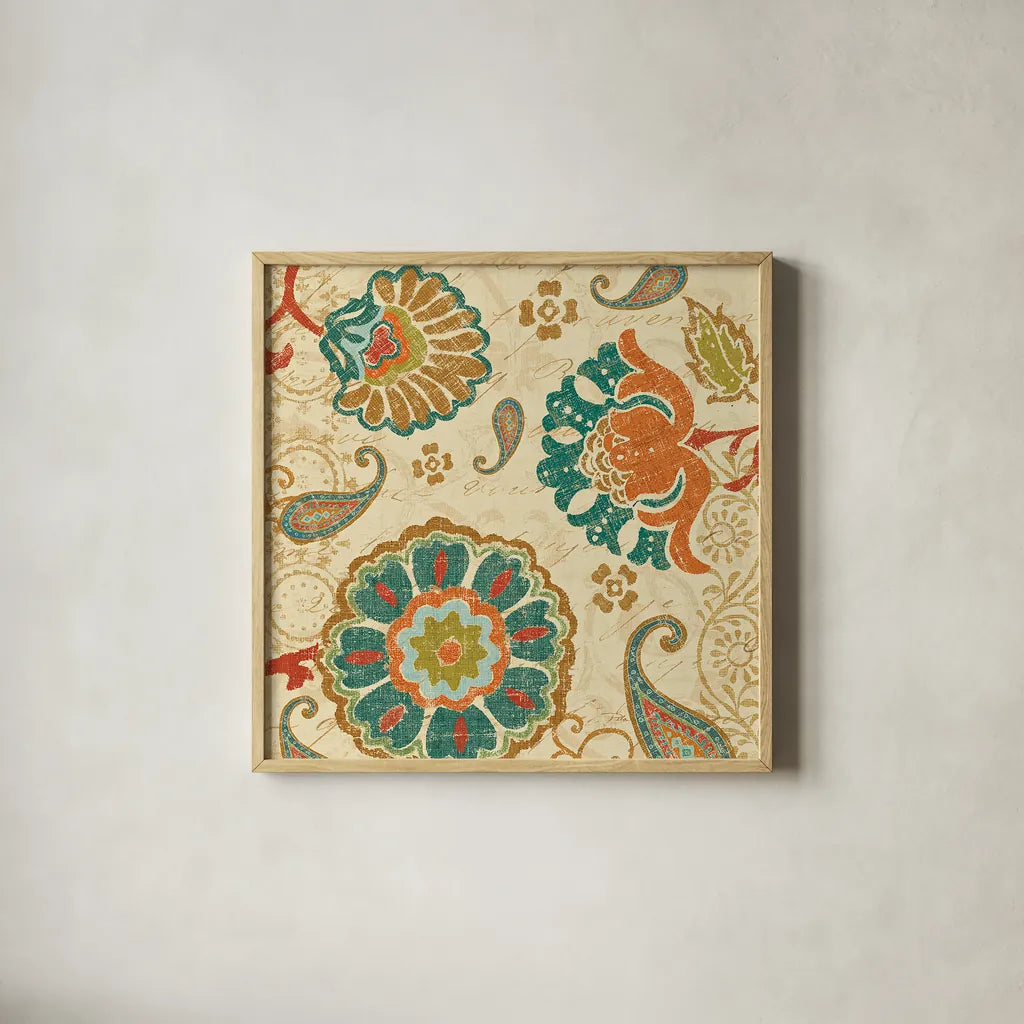 Fall Paisley II by Pela. Shown in a natural wood glass frame for a timeless modern aesthetic. Available as an archival giclee rolled canvas, fine art paper, or poster print. SKU 11249a.