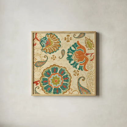 Fall Paisley II by Pela. Shown in a natural wood glass frame for a timeless modern aesthetic. Available as an archival giclee rolled canvas, fine art paper, or poster print. SKU 11249a.