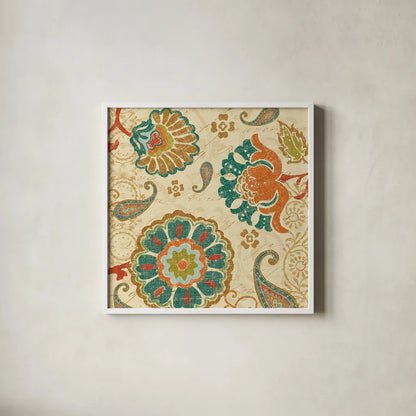 Fall Paisley II by Pela. Shown in a crisp white glass frame for a clean and minimalist style. Available as an archival giclee rolled canvas, fine art paper, or poster print. SKU 11249a.