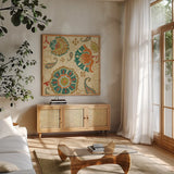 Fall Paisley II by Pela. Shown in a natural wood frame in a cozy modern living room. Available as an archival giclee rolled canvas, fine art paper, or poster print. SKU 11249a.