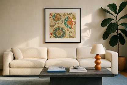 Fall Paisley II by Pela. Displayed in a glass frame with matte in a clean modern living room. Available as an archival giclee rolled canvas, fine art paper, or poster print. SKU 11249a.