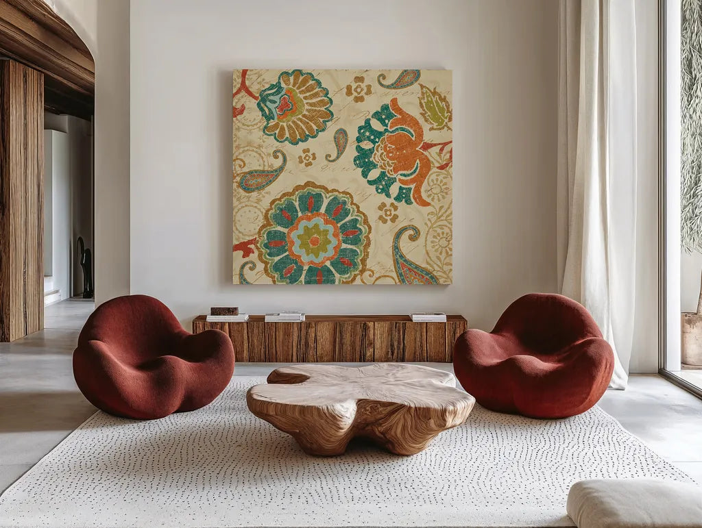 Fall Paisley II by Pela. Shown as extra-large giant wall art in a modern living room. Available as an archival giclee rolled canvas, fine art paper, or poster print. SKU 11249a.