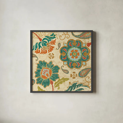 Fall Paisley III by Pela. Shown in a sleek black glass frame for a contemporary gallery look. Available as an archival giclee rolled canvas, fine art paper, or poster print. SKU 11250a.