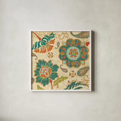 Fall Paisley III by Pela. Shown in a crisp white glass frame for a clean and minimalist style. Available as an archival giclee rolled canvas, fine art paper, or poster print. SKU 11250a.