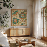 Fall Paisley III by Pela. Shown in a natural wood frame in a cozy modern living room. Available as an archival giclee rolled canvas, fine art paper, or poster print. SKU 11250a.