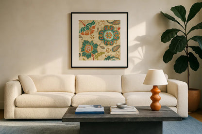 Fall Paisley III by Pela. Displayed in a glass frame with matte in a clean modern living room. Available as an archival giclee rolled canvas, fine art paper, or poster print. SKU 11250a.