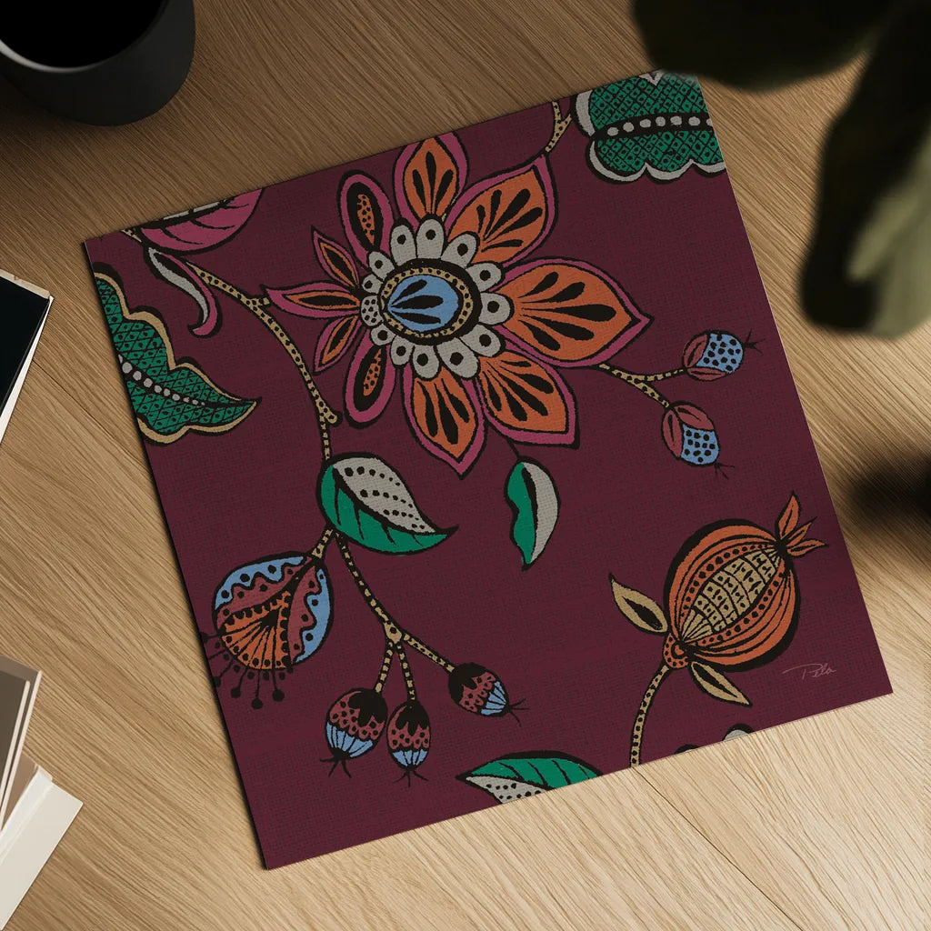 Garden Drawings II Wine by Pela. Shown as a detailed flat fine art print, highlighting archival giclee quality. Available as an archival giclee rolled canvas, fine art paper, or poster print. SKU 65146a.