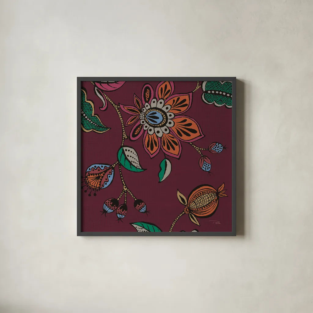 Garden Drawings II Wine by Pela. Shown in a sleek black glass frame for a contemporary gallery look. Available as an archival giclee rolled canvas, fine art paper, or poster print. SKU 65146a.