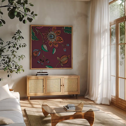 Garden Drawings II Wine by Pela. Shown in a natural wood frame in a cozy modern living room. Available as an archival giclee rolled canvas, fine art paper, or poster print. SKU 65146a.