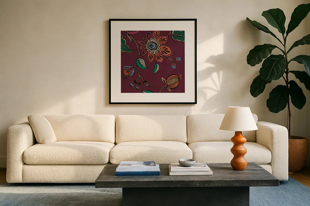 Garden Drawings II Wine by Pela. Displayed in a glass frame with matte in a clean modern living room. Available as an archival giclee rolled canvas, fine art paper, or poster print. SKU 65146a.