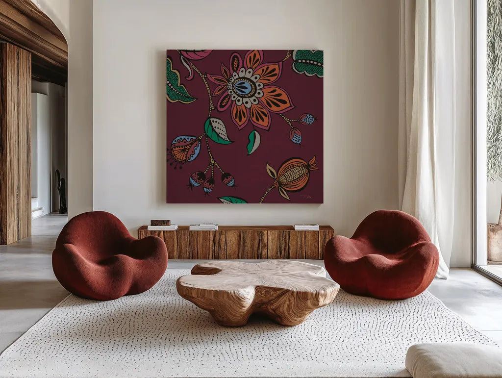 Garden Drawings II Wine by Pela. Shown as extra-large giant wall art in a modern living room. Available as an archival giclee rolled canvas, fine art paper, or poster print. SKU 65146a.