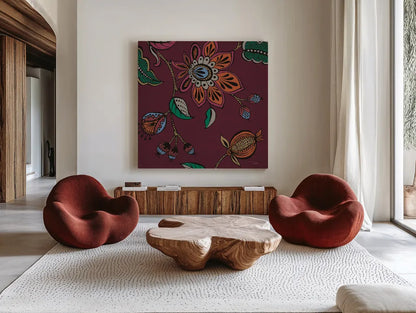 Garden Drawings II Wine by Pela. Shown as extra-large giant wall art in a modern living room. Available as an archival giclee rolled canvas, fine art paper, or poster print. SKU 65146a.