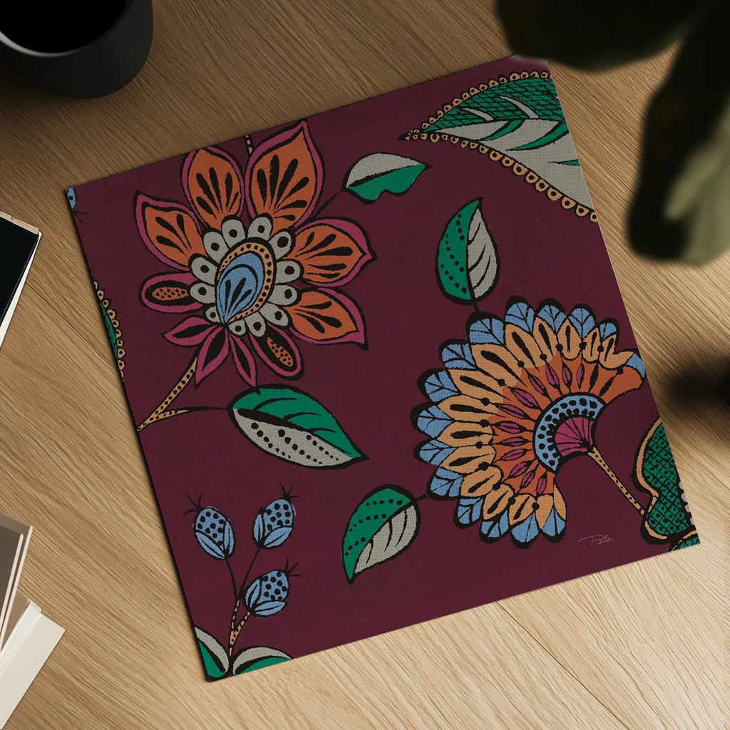 Garden Drawings III Wine by Pela. Shown as a detailed flat fine art print, highlighting archival giclee quality. Available as an archival giclee rolled canvas, fine art paper, or poster print. SKU 65147a.