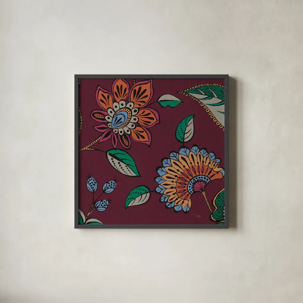 Garden Drawings III Wine by Pela. Shown in a sleek black glass frame for a contemporary gallery look. Available as an archival giclee rolled canvas, fine art paper, or poster print. SKU 65147a.