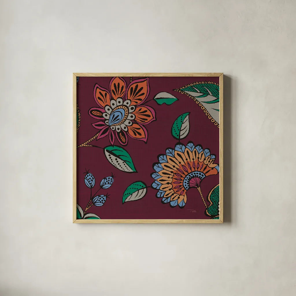 Garden Drawings III Wine by Pela. Shown in a natural wood glass frame for a timeless modern aesthetic. Available as an archival giclee rolled canvas, fine art paper, or poster print. SKU 65147a.