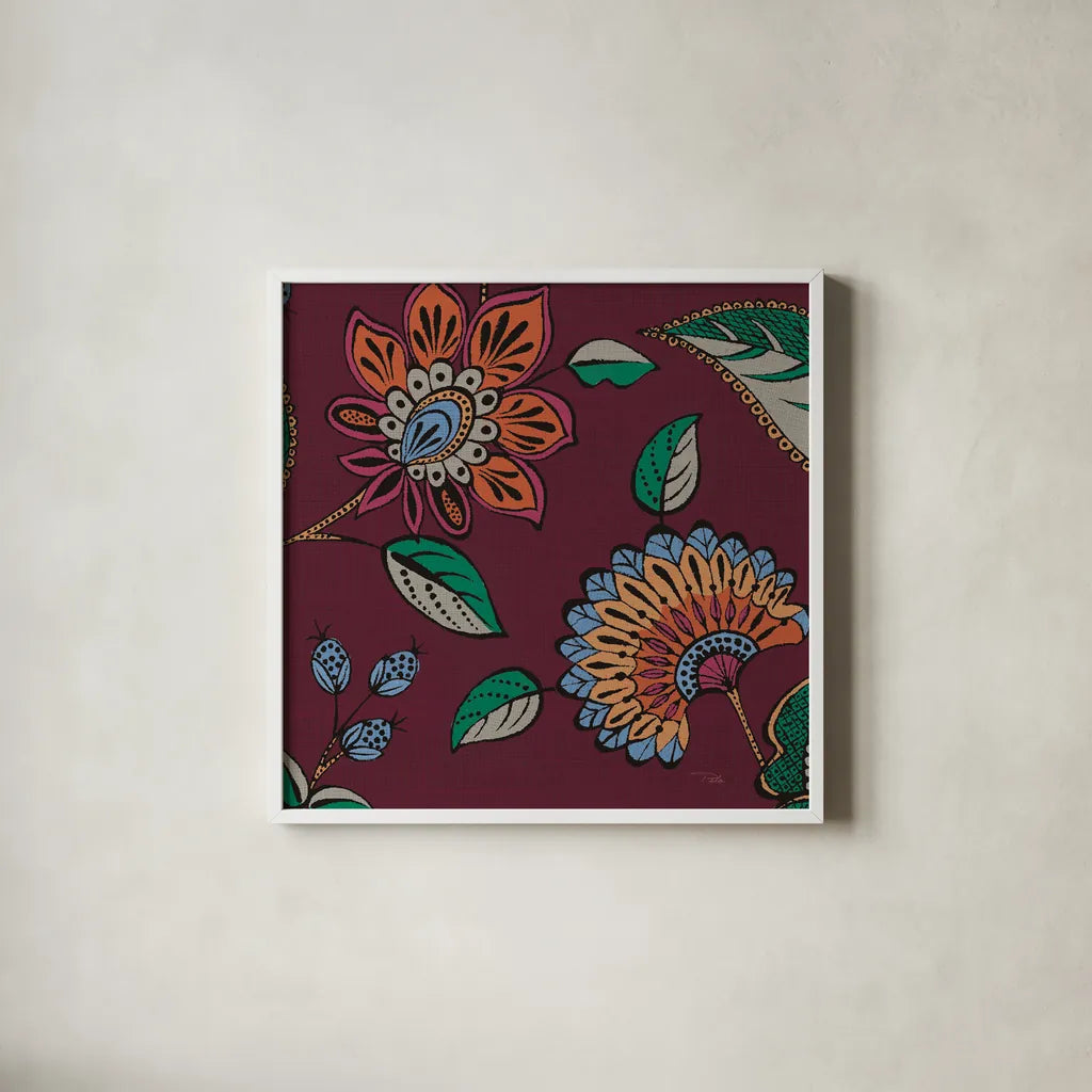 Garden Drawings III Wine by Pela. Shown in a crisp white glass frame for a clean and minimalist style. Available as an archival giclee rolled canvas, fine art paper, or poster print. SKU 65147a.