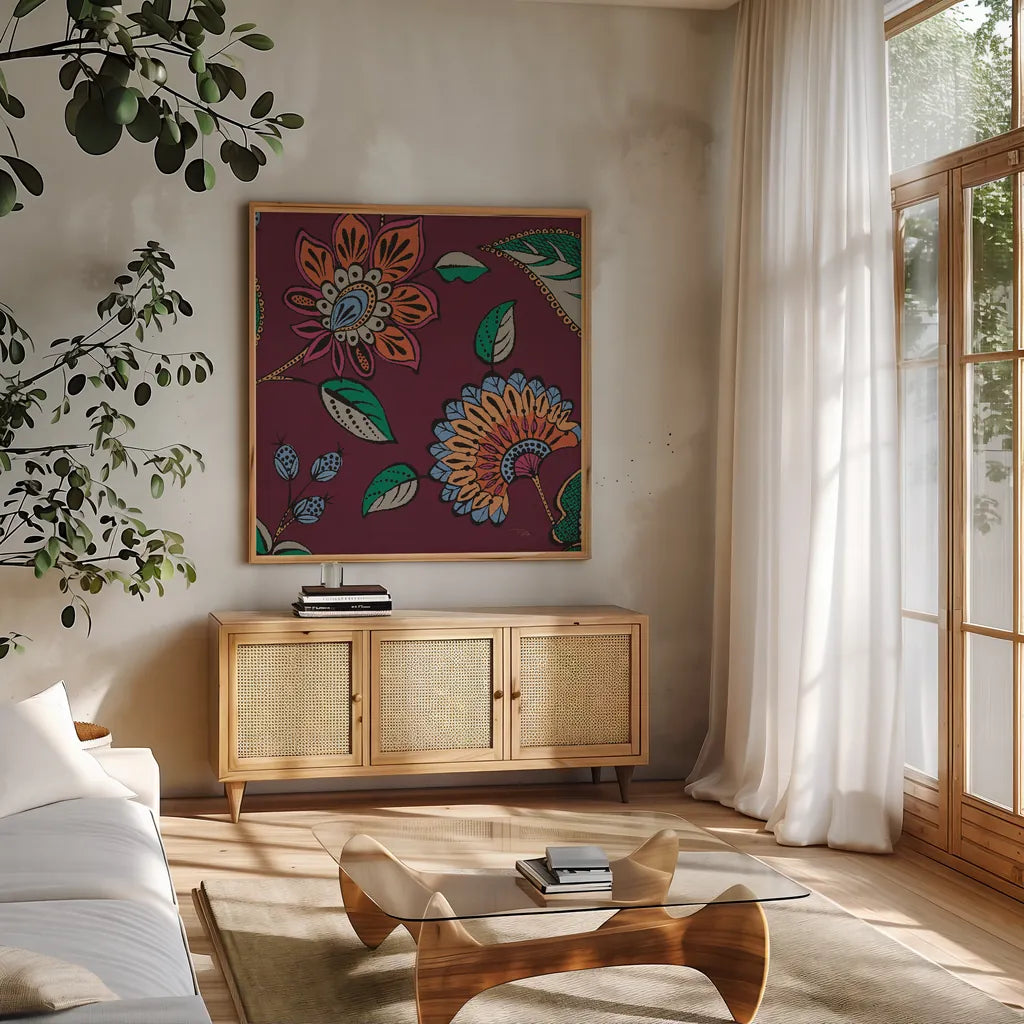 Garden Drawings III Wine by Pela. Shown in a natural wood frame in a cozy modern living room. Available as an archival giclee rolled canvas, fine art paper, or poster print. SKU 65147a.
