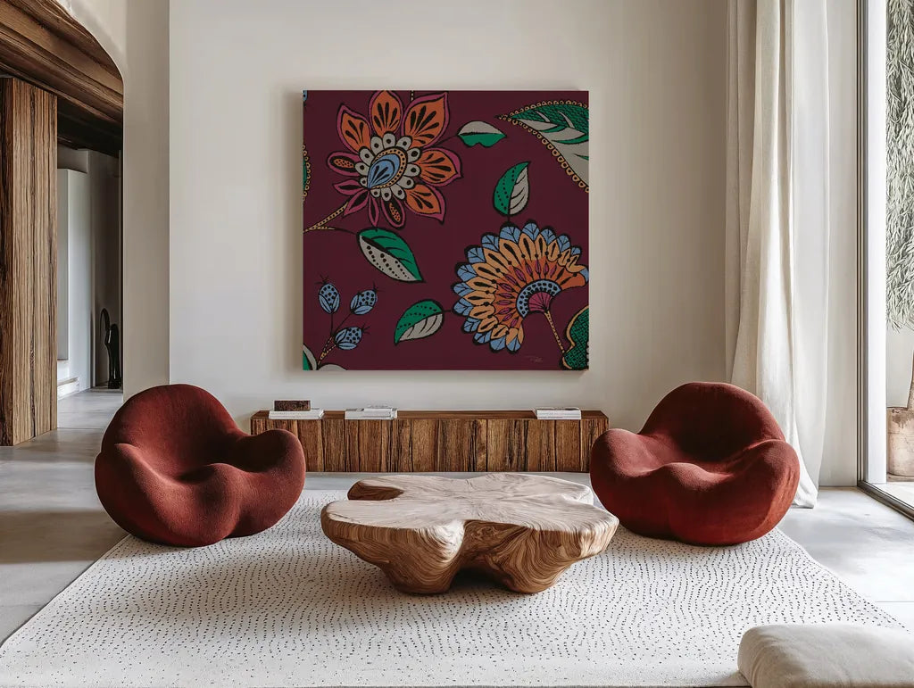 Garden Drawings III Wine by Pela. Shown as extra-large giant wall art in a modern living room. Available as an archival giclee rolled canvas, fine art paper, or poster print. SKU 65147a.