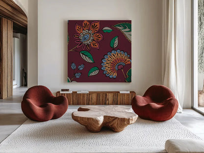 Garden Drawings III Wine by Pela. Shown as extra-large giant wall art in a modern living room. Available as an archival giclee rolled canvas, fine art paper, or poster print. SKU 65147a.