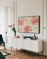 Happy Gypsy I by Pela. shown as a framed stretched canvas in a living room above a console. Available as a archival giclee rolled canvas, fine art paper, or poster print. SKU 23565i.
