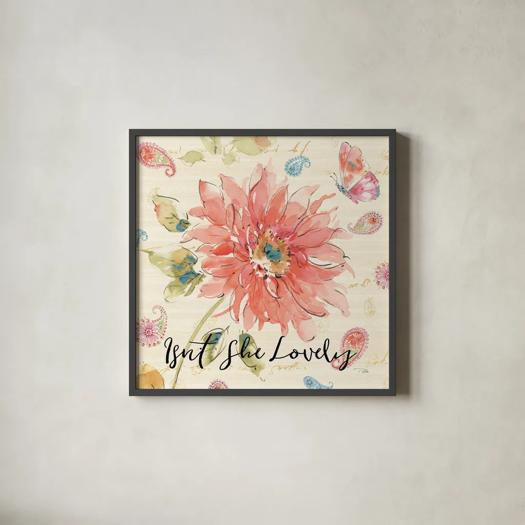 Happy Gypsy II Lovely by Pela. Shown in a sleek black glass frame for a contemporary gallery look. Available as an archival giclee rolled canvas, fine art paper, or poster print. SKU 49909a.