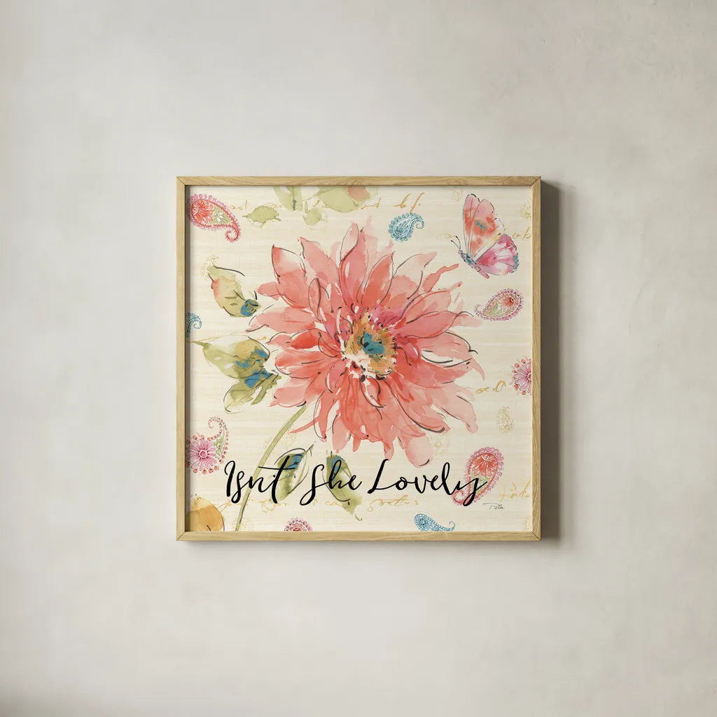 Happy Gypsy II Lovely by Pela. Shown in a natural wood glass frame for a timeless modern aesthetic. Available as an archival giclee rolled canvas, fine art paper, or poster print. SKU 49909a.