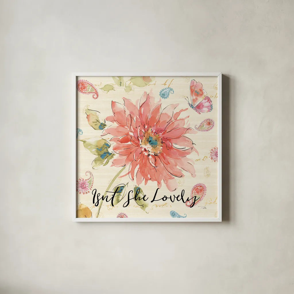 Happy Gypsy II Lovely by Pela. Shown in a crisp white glass frame for a clean and minimalist style. Available as an archival giclee rolled canvas, fine art paper, or poster print. SKU 49909a.