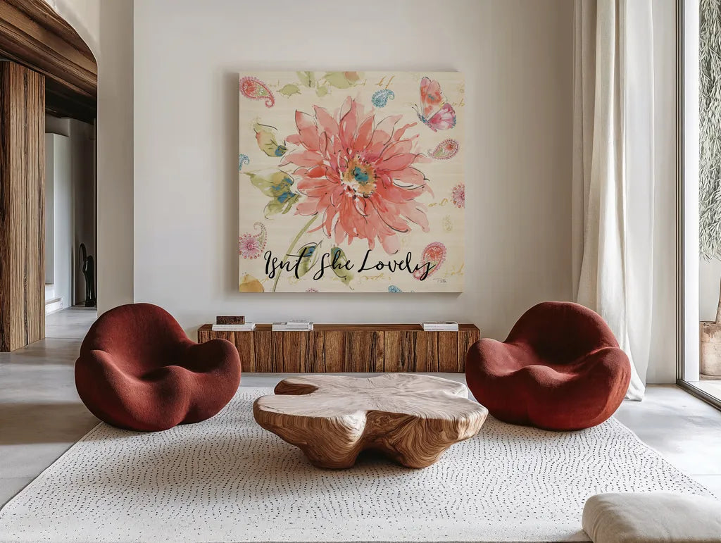 Happy Gypsy II Lovely by Pela. Shown as extra-large giant wall art in a modern living room. Available as an archival giclee rolled canvas, fine art paper, or poster print. SKU 49909a.