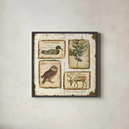 Lodge Memories I by Pela. Shown in a sleek black glass frame for a contemporary gallery look. Available as an archival giclee rolled canvas, fine art paper, or poster print. SKU 13508a.