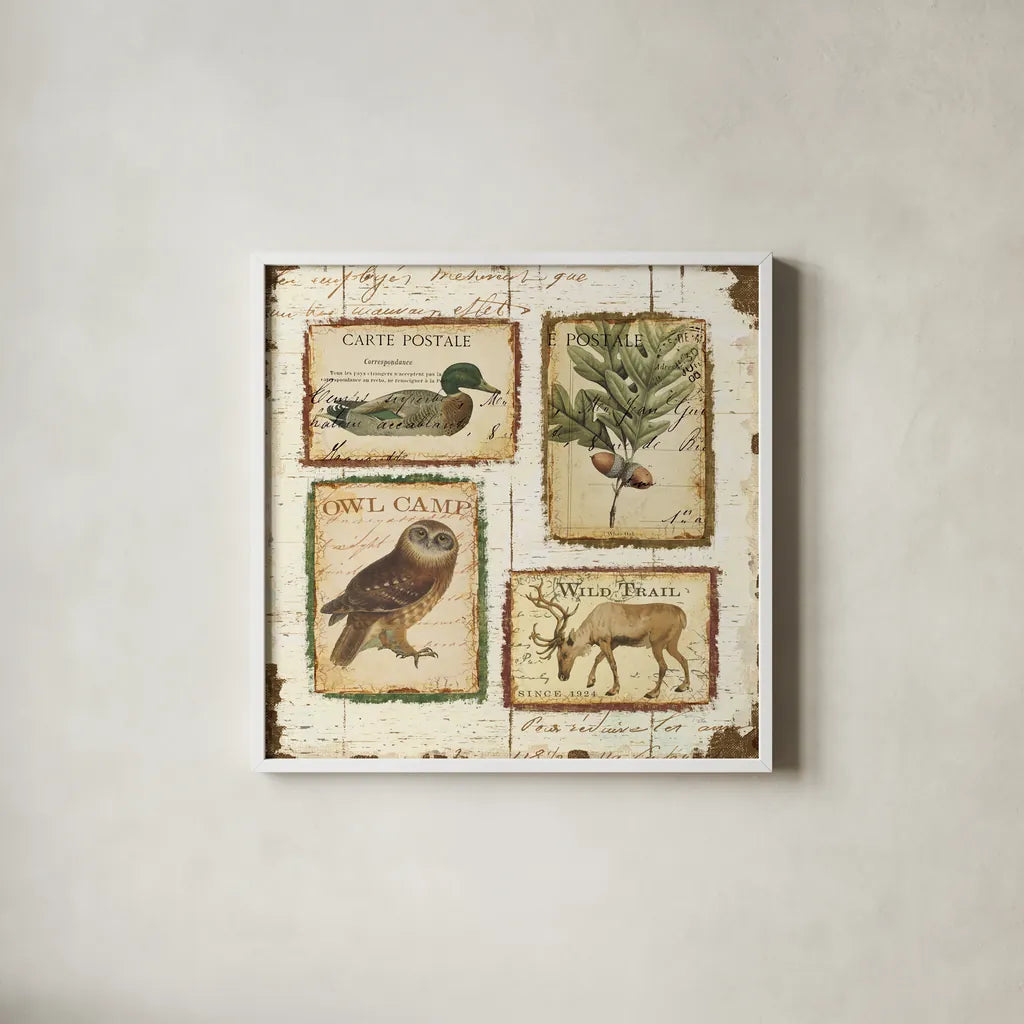 Lodge Memories I by Pela. Shown in a crisp white glass frame for a clean and minimalist style. Available as an archival giclee rolled canvas, fine art paper, or poster print. SKU 13508a.