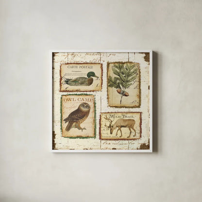 Lodge Memories I by Pela. Shown in a crisp white glass frame for a clean and minimalist style. Available as an archival giclee rolled canvas, fine art paper, or poster print. SKU 13508a.