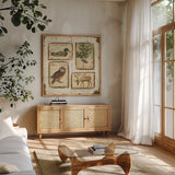 Lodge Memories I by Pela. Shown in a natural wood frame in a cozy modern living room. Available as an archival giclee rolled canvas, fine art paper, or poster print. SKU 13508a.