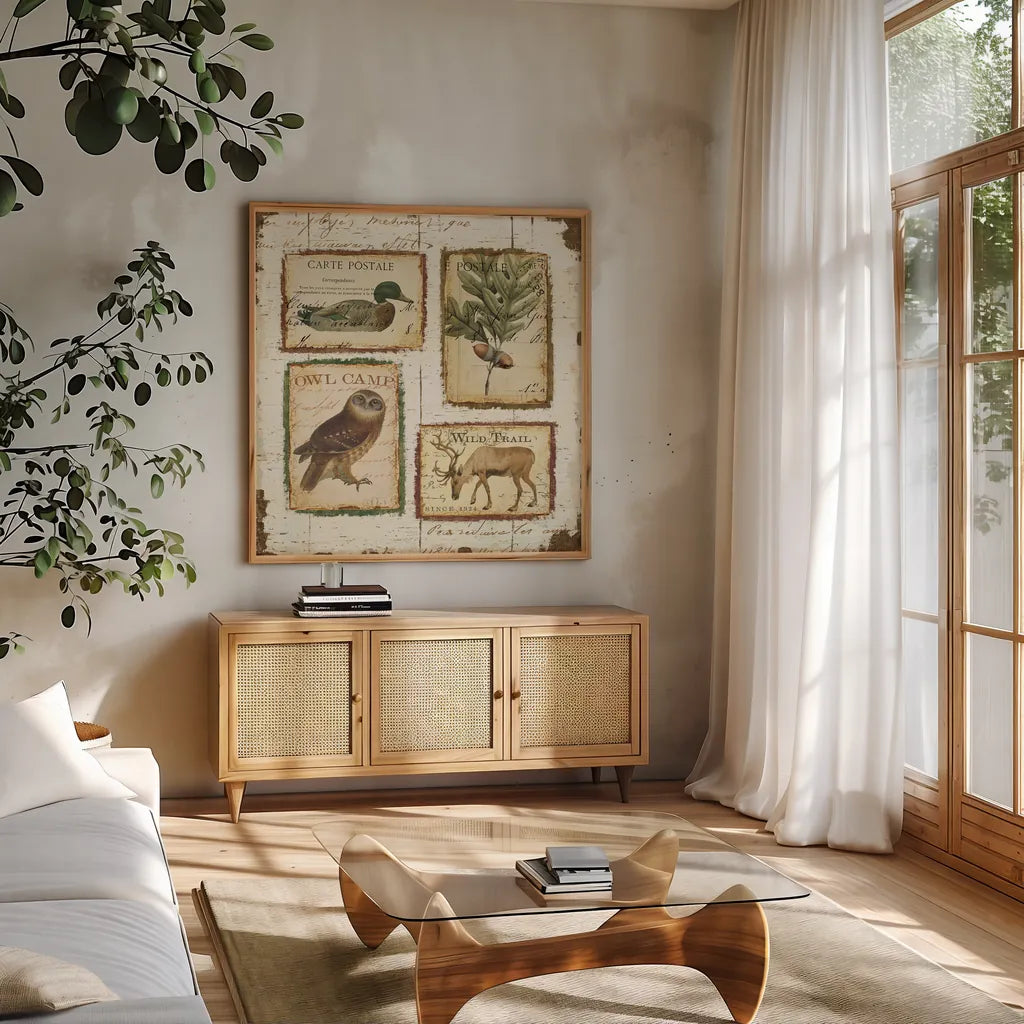 Lodge Memories I by Pela. Shown in a natural wood frame in a cozy modern living room. Available as an archival giclee rolled canvas, fine art paper, or poster print. SKU 13508a.