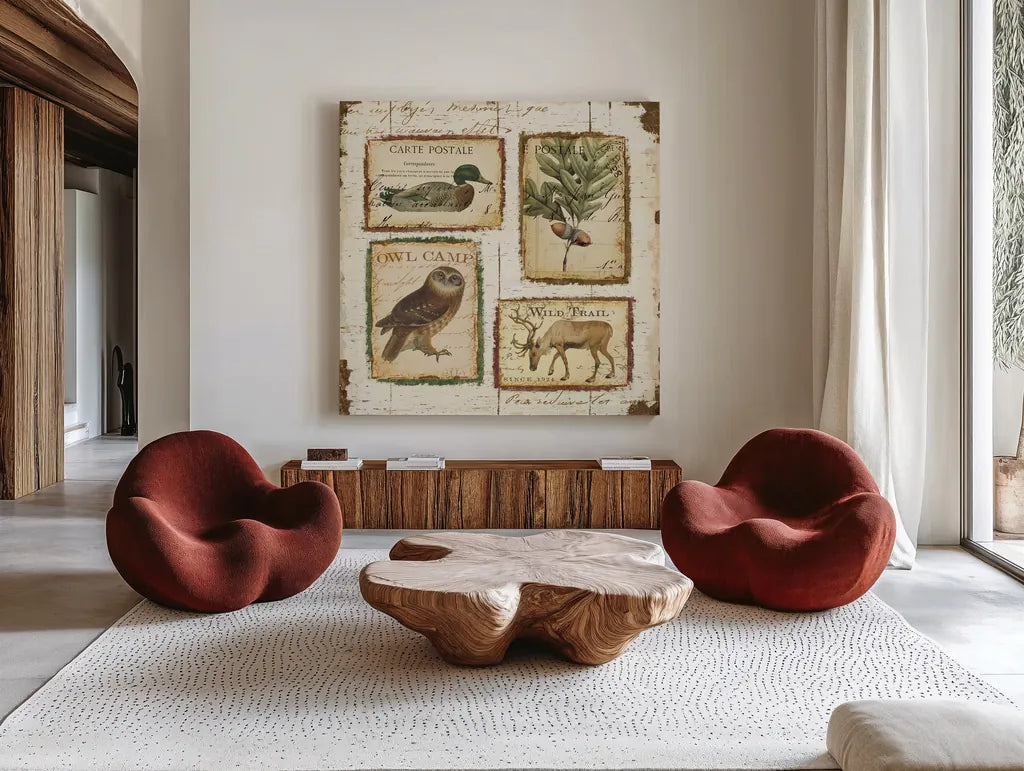 Lodge Memories I by Pela. Shown as extra-large giant wall art in a modern living room. Available as an archival giclee rolled canvas, fine art paper, or poster print. SKU 13508a.