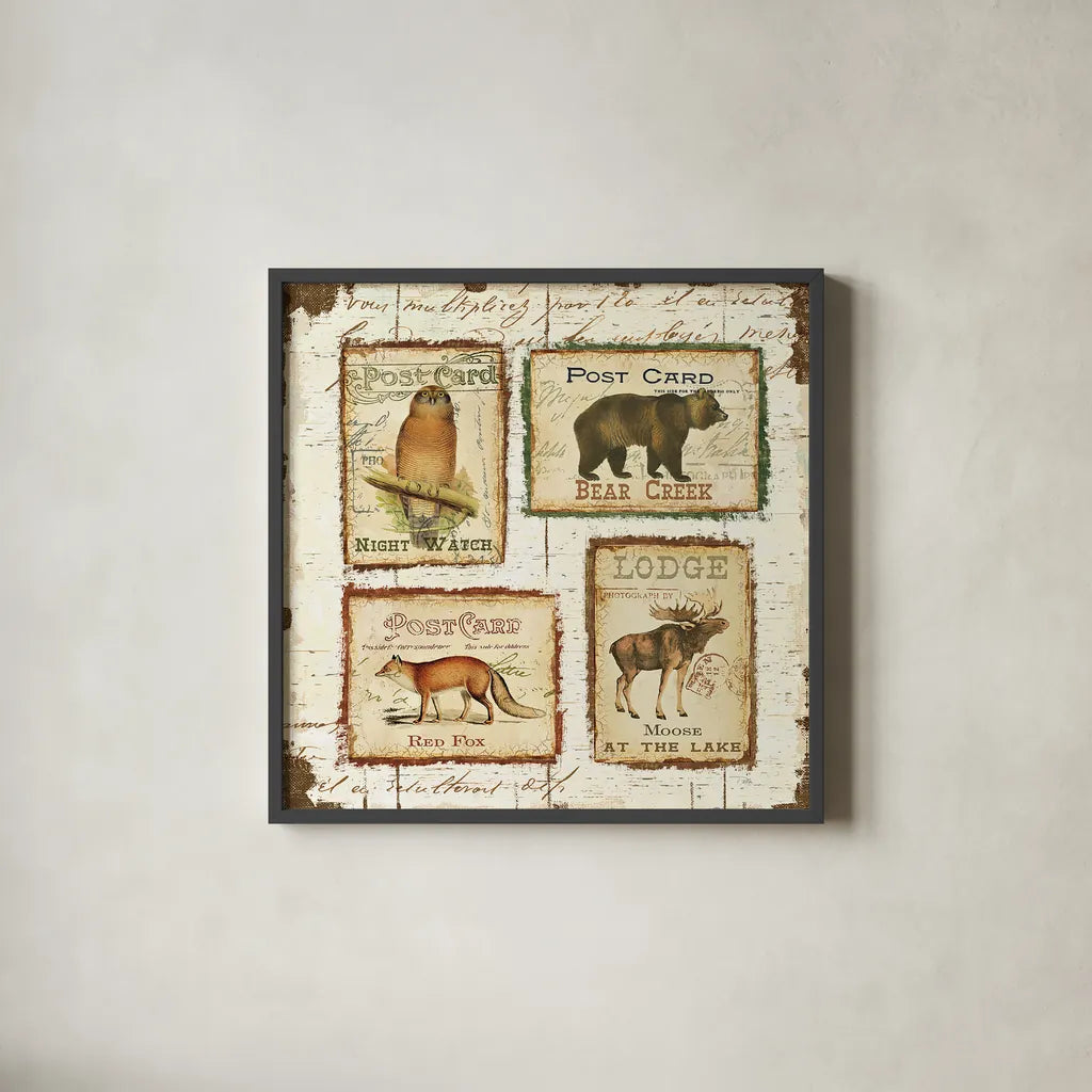 Lodge Memories II by Pela. Shown in a sleek black glass frame for a contemporary gallery look. Available as an archival giclee rolled canvas, fine art paper, or poster print. SKU 13509a.