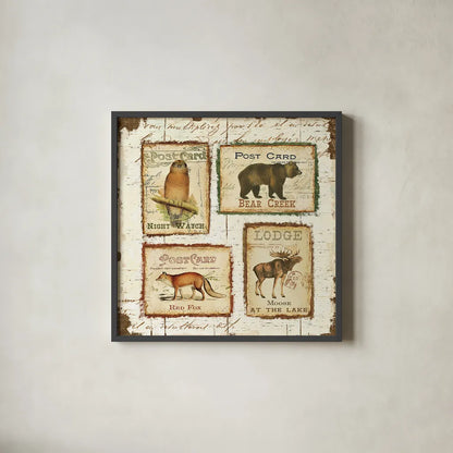 Lodge Memories II by Pela. Shown in a sleek black glass frame for a contemporary gallery look. Available as an archival giclee rolled canvas, fine art paper, or poster print. SKU 13509a.