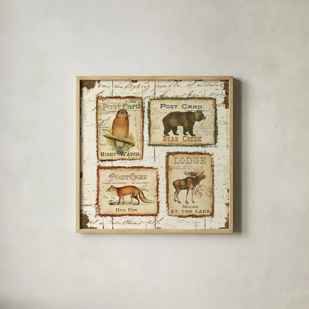 Lodge Memories II by Pela. Shown in a natural wood glass frame for a timeless modern aesthetic. Available as an archival giclee rolled canvas, fine art paper, or poster print. SKU 13509a.