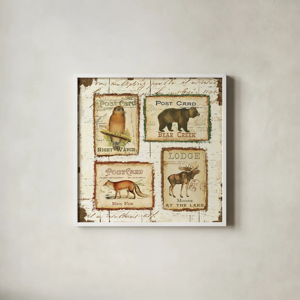 Lodge Memories II by Pela. Shown in a crisp white glass frame for a clean and minimalist style. Available as an archival giclee rolled canvas, fine art paper, or poster print. SKU 13509a.