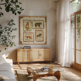 Lodge Memories II by Pela. Shown in a natural wood frame in a cozy modern living room. Available as an archival giclee rolled canvas, fine art paper, or poster print. SKU 13509a.