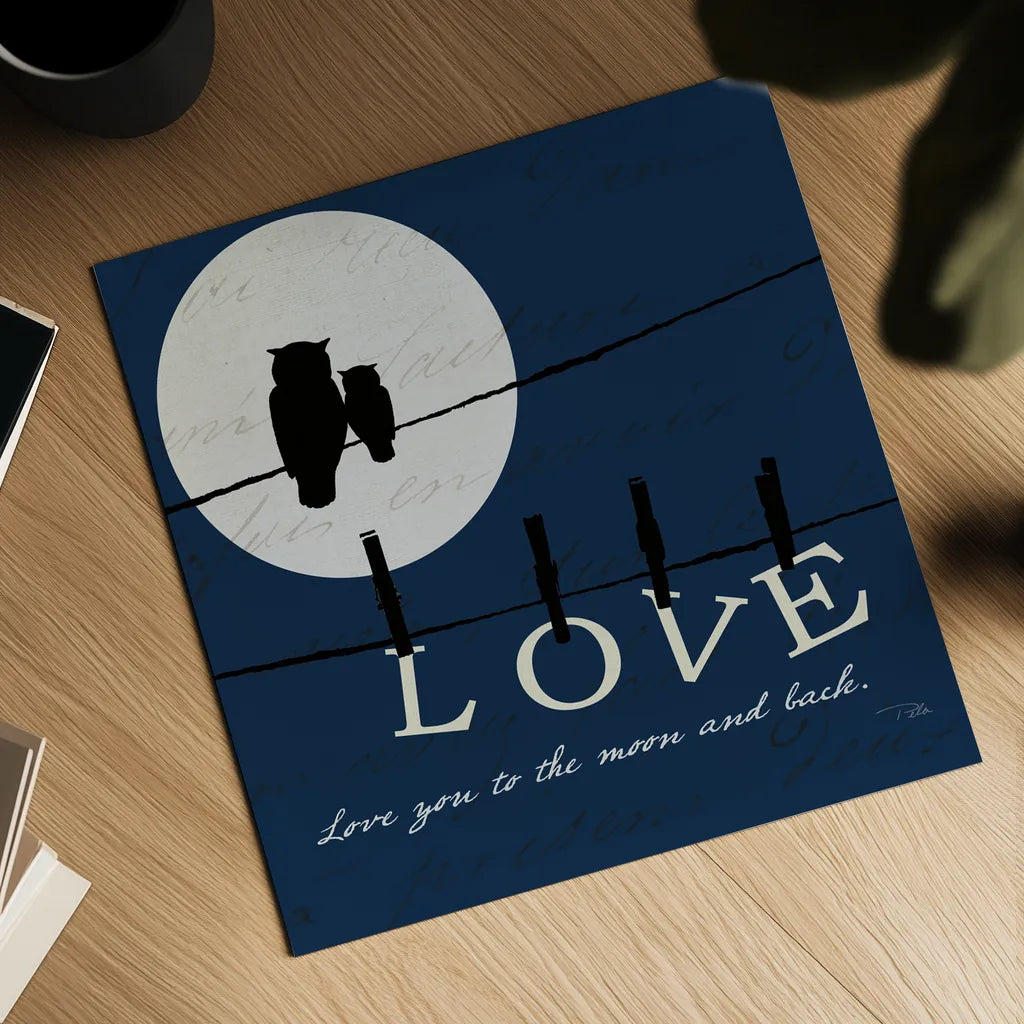 Moon Love I Indigo by Pela. Shown as a detailed flat fine art print, highlighting archival giclee quality. Available as an archival giclee rolled canvas, fine art paper, or poster print. SKU 49854a.