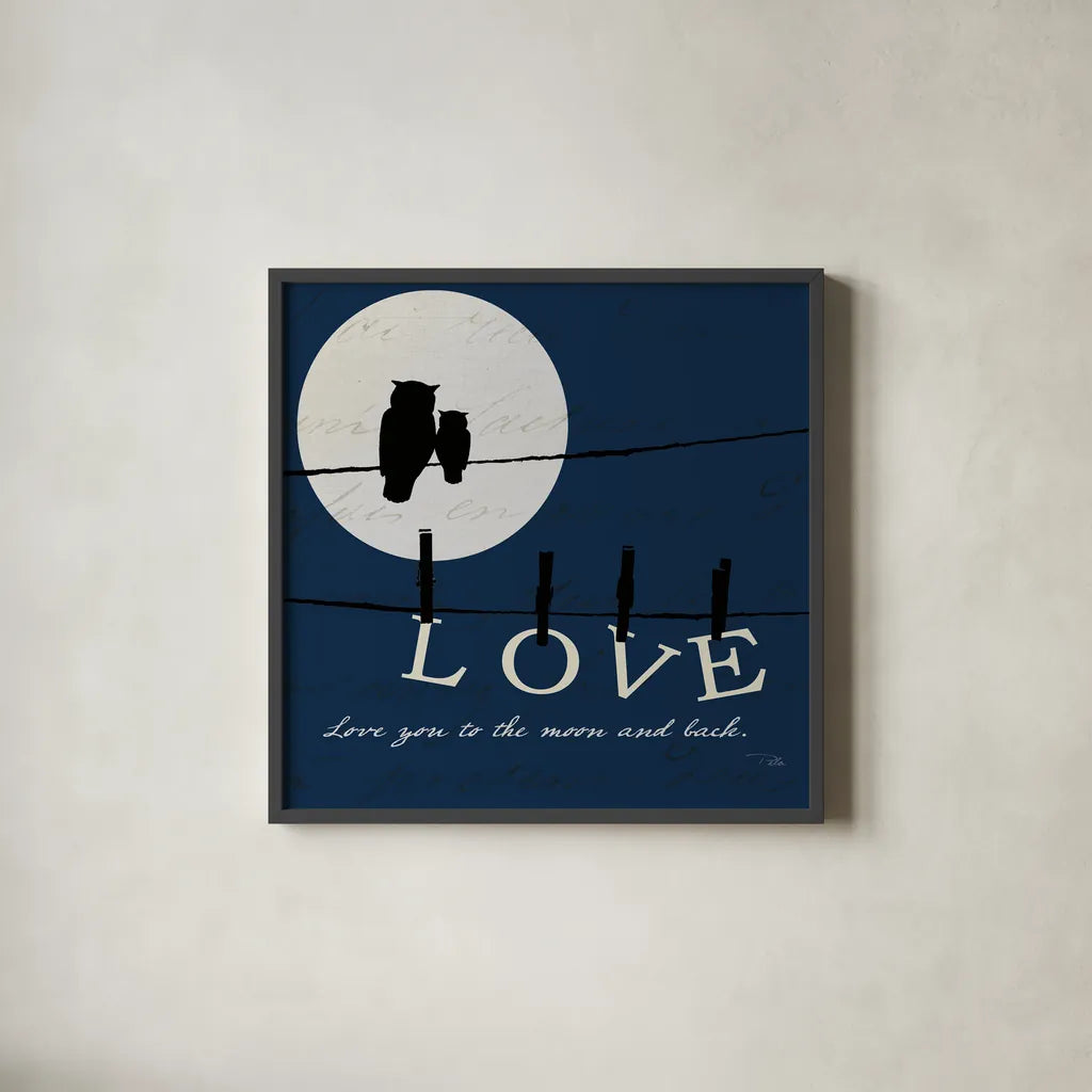 Moon Love I Indigo by Pela. Shown in a sleek black glass frame for a contemporary gallery look. Available as an archival giclee rolled canvas, fine art paper, or poster print. SKU 49854a.