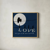 Moon Love I Indigo by Pela. Shown in a natural wood glass frame for a timeless modern aesthetic. Available as an archival giclee rolled canvas, fine art paper, or poster print. SKU 49854a.