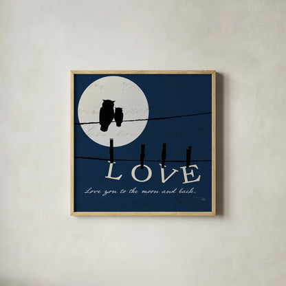 Moon Love I Indigo by Pela. Shown in a natural wood glass frame for a timeless modern aesthetic. Available as an archival giclee rolled canvas, fine art paper, or poster print. SKU 49854a.