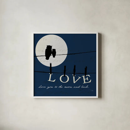 Moon Love I Indigo by Pela. Shown in a crisp white glass frame for a clean and minimalist style. Available as an archival giclee rolled canvas, fine art paper, or poster print. SKU 49854a.