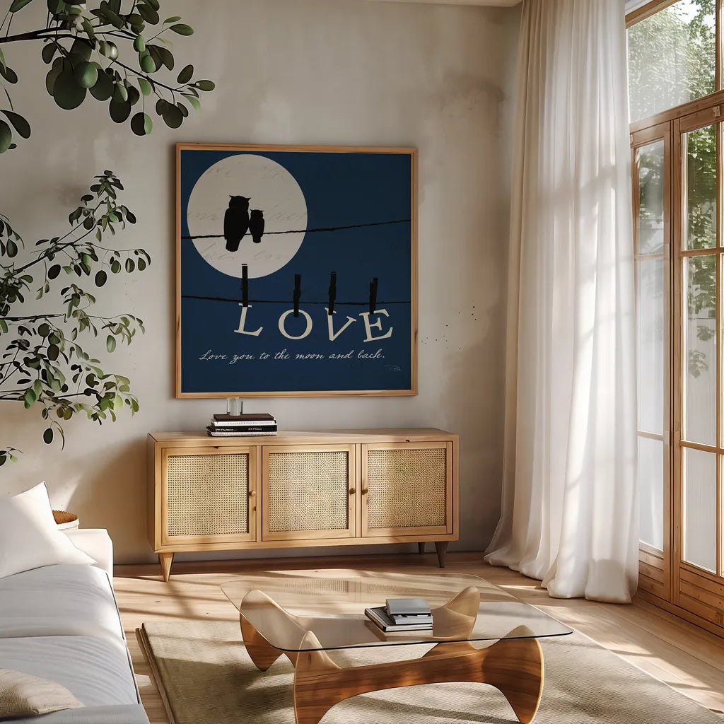 Moon Love I Indigo by Pela. Shown in a natural wood frame in a cozy modern living room. Available as an archival giclee rolled canvas, fine art paper, or poster print. SKU 49854a.
