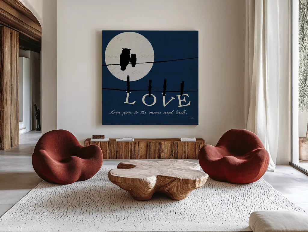 Moon Love I Indigo by Pela. Shown as extra-large giant wall art in a modern living room. Available as an archival giclee rolled canvas, fine art paper, or poster print. SKU 49854a.