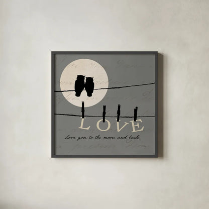 Moon Lovers I by Pela. Shown in a sleek black glass frame for a contemporary gallery look. Available as an archival giclee rolled canvas, fine art paper, or poster print. SKU 12117a.